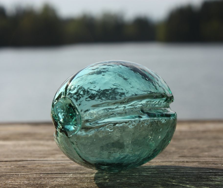 F2 marked Flesland RARE Grooved Norwegian Glass Fishing Float Buoy