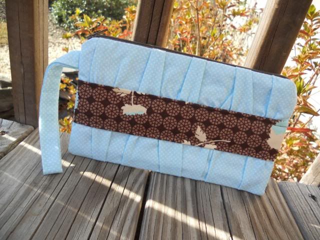 Gathered Clutch- Blue/Brown Dots