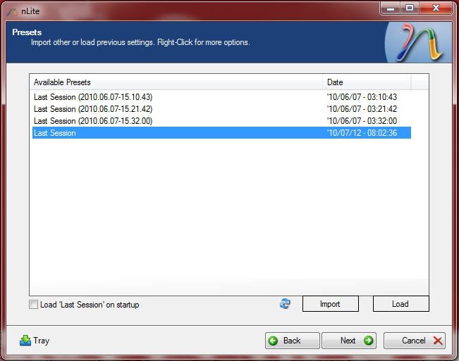 Presets: If you have been working on a disc, you can select 'Last Session' and start off were you left off last time you used nLite.